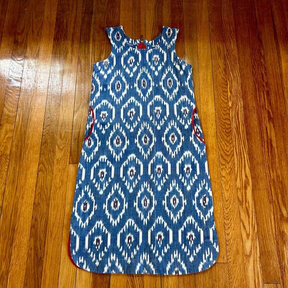Vintage 70s Handmade Retro Patterned Blue and White Dress with Pockets Size Med - Picture 11 of 13
